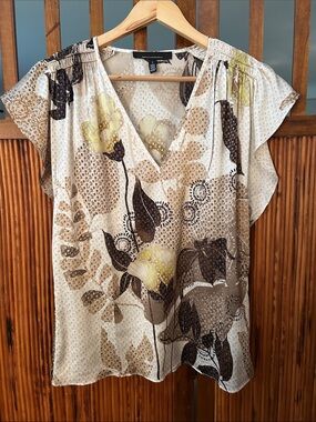 White House Black Market Cream, Beige & Brown Floral V-Neck Camisole